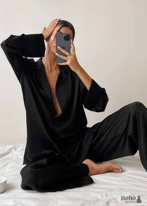 Boho Sleepwear, Pajamas Set, PJ Satin Corinne in Black, Blue Green and Green